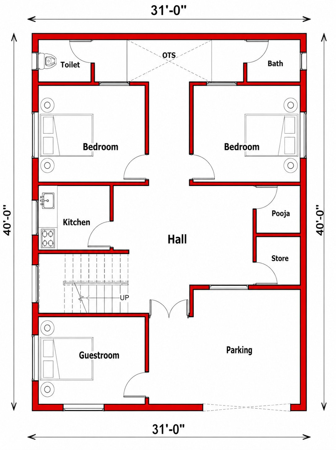 31X40 SFT 3BHK HOUSE PLAN House Plan PDF – Floor Plan Drawing