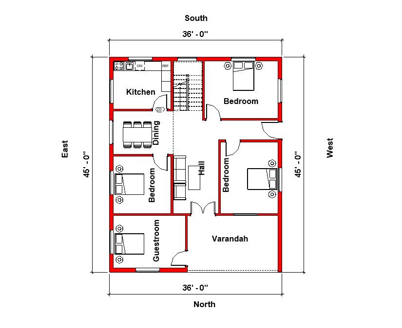 36X45 SFT NORTH FACING HOUSE PLAN House Plan PDF – Floor Plan Drawing