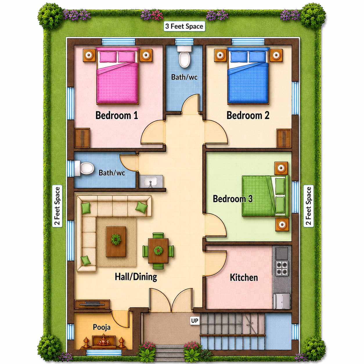 30X40 SFT 3BHK HOME PLAN House Plan PDF – Floor Plan Drawing