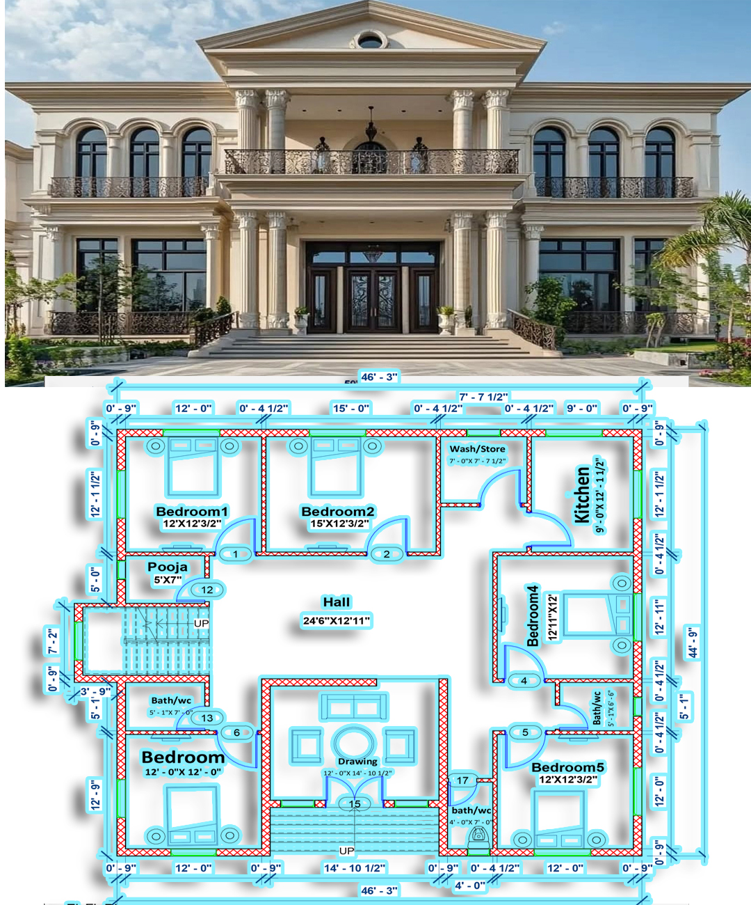 5 BHK Luxury House Design on 46×45 Feet Plot — Grand Classical Elevation with Smart Floor Plan