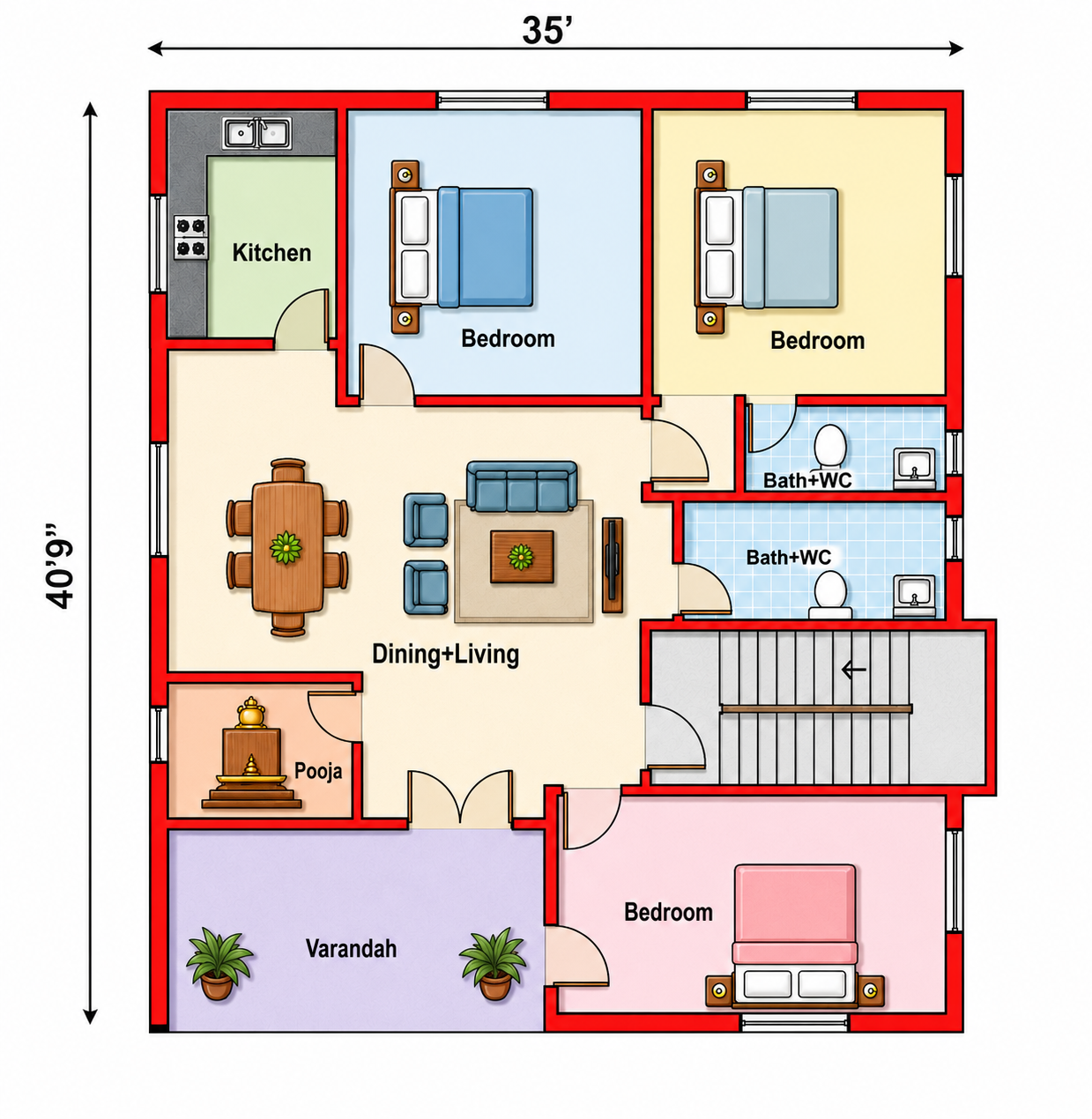 35X41 Square Feet 3bhk house plan House Plan PDF – Floor Plan Drawing