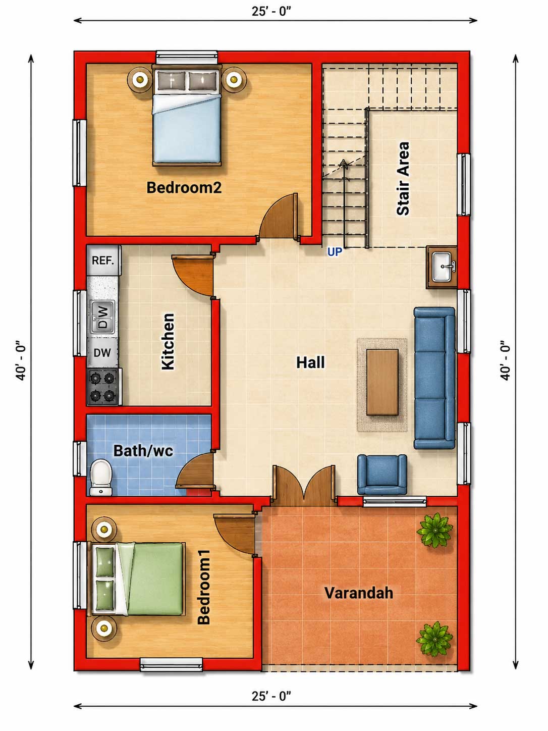 25X40 SFT 2BHK HOUSE PLAN House Plan PDF – Floor Plan Drawing