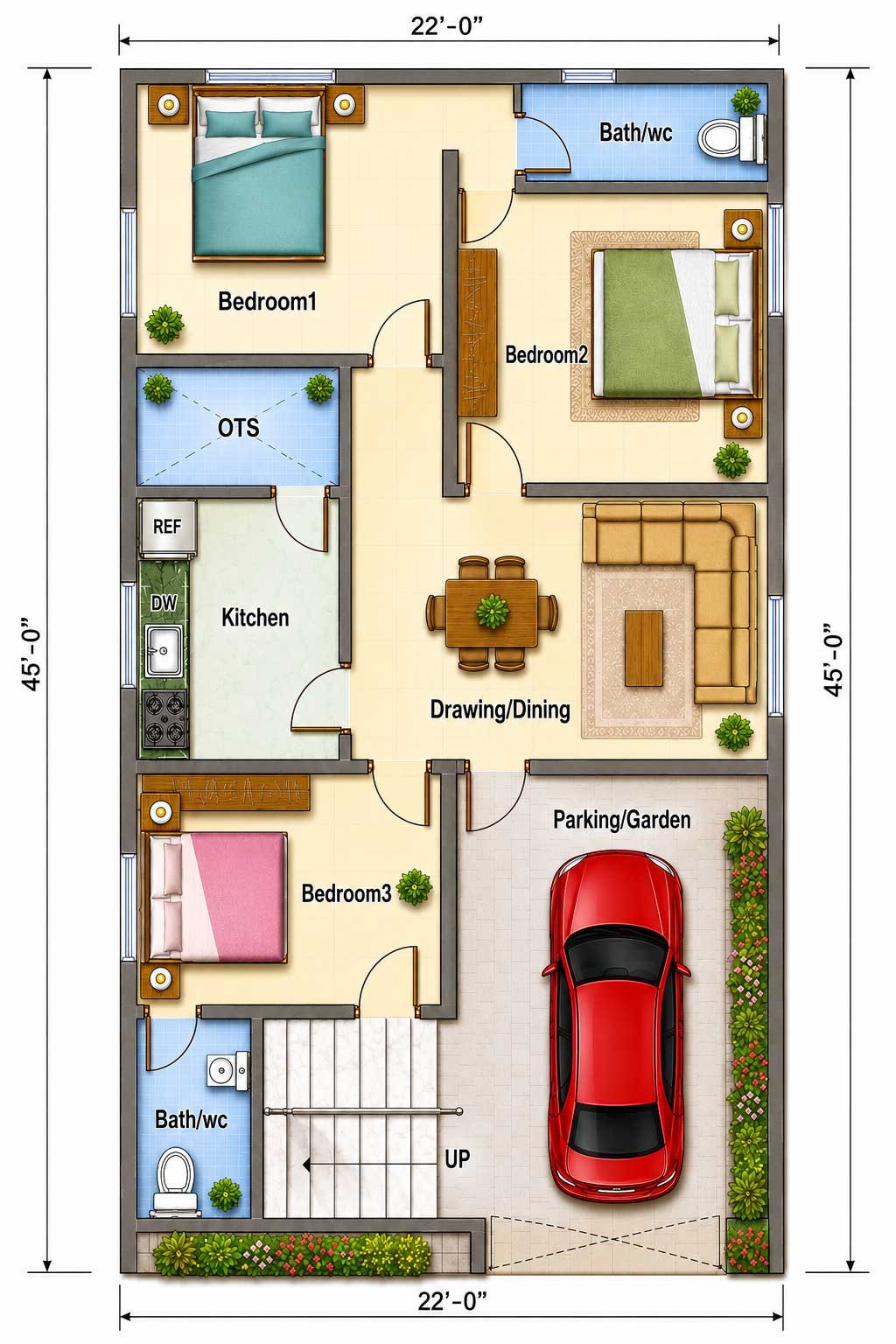22X45 SFT 3BHK HOUSE PLAN House Plan PDF – Floor Plan Drawing