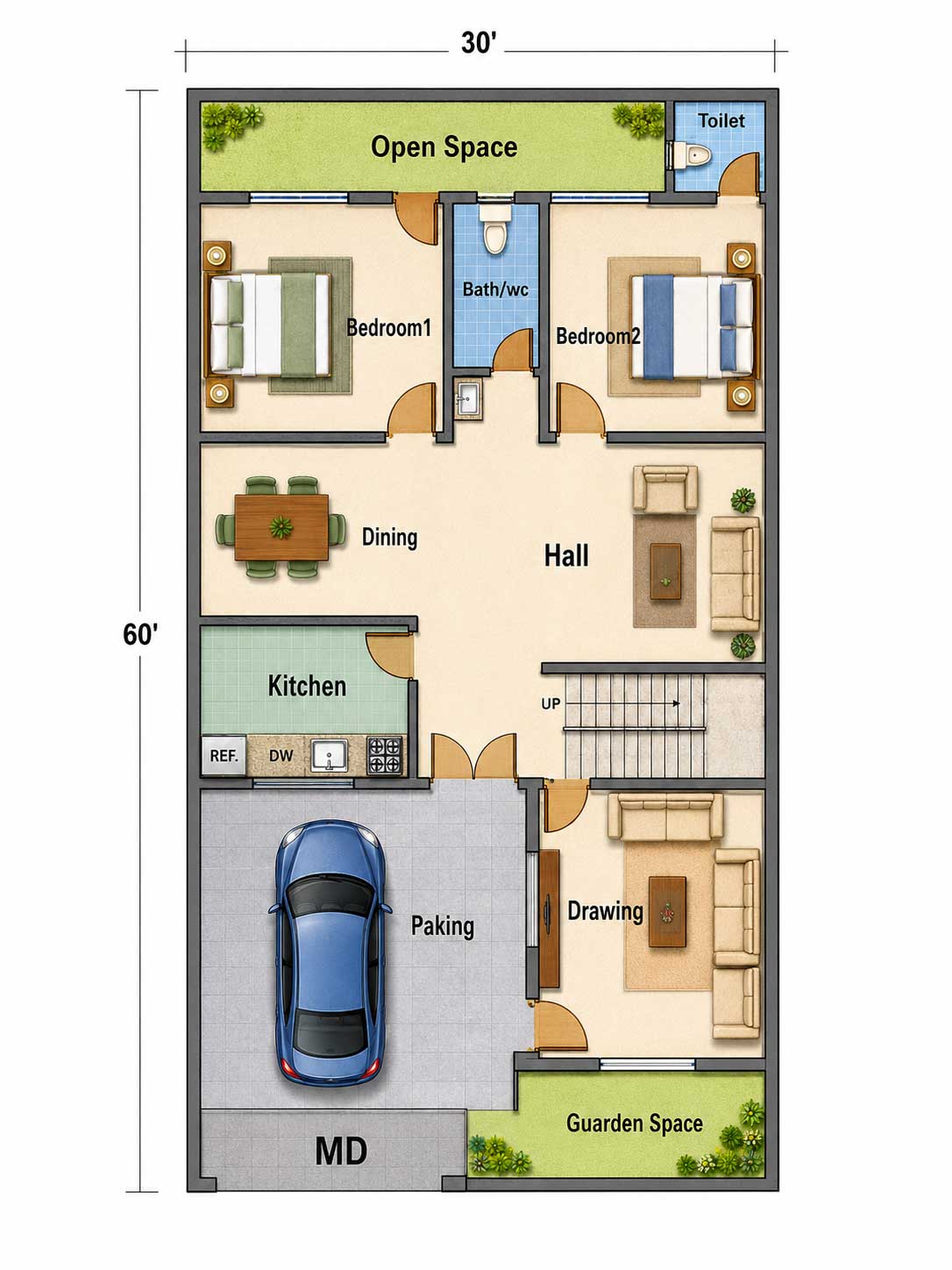 30X60 SFT 2BHK WITH PARKING HOUSE PLAN