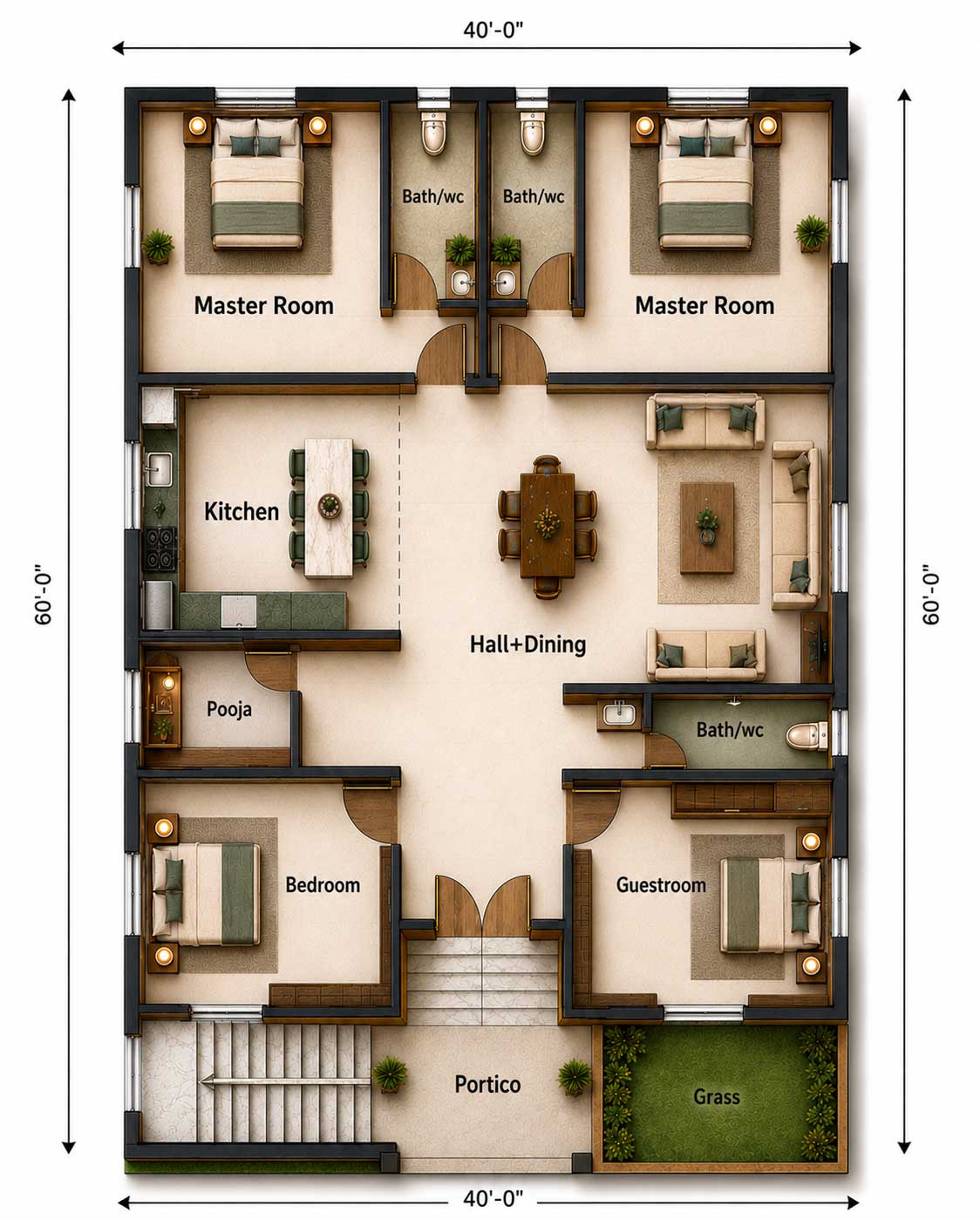 40X60 SFT 4BHK HOUSE PLAN House Plan PDF – Floor Plan Drawing