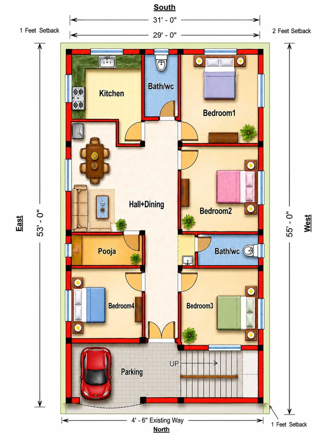 31X55 SFT 4BHK VASTU HOUSE PLAN House Plan PDF – Floor Plan Drawing